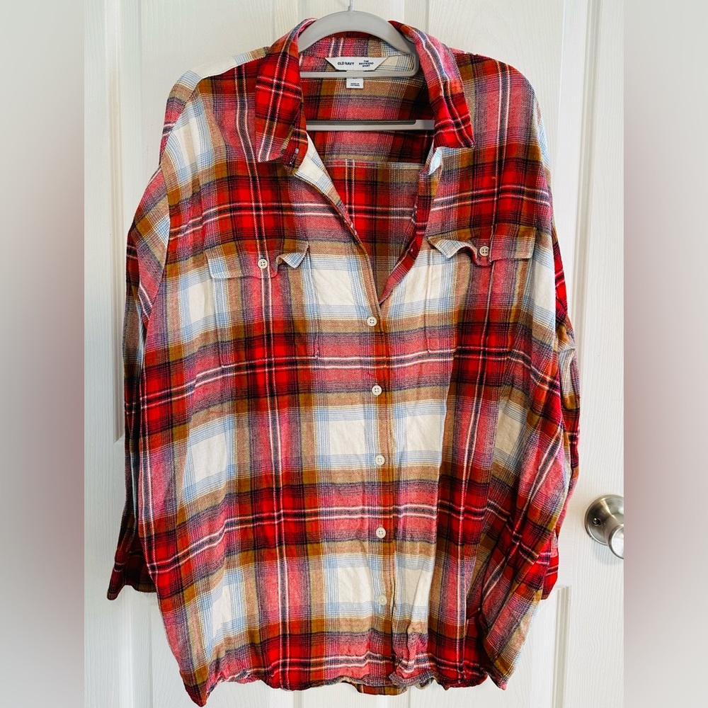 Old Navy “The Boyfriend Shirt” - red & yellow plaid flannel button down shirt